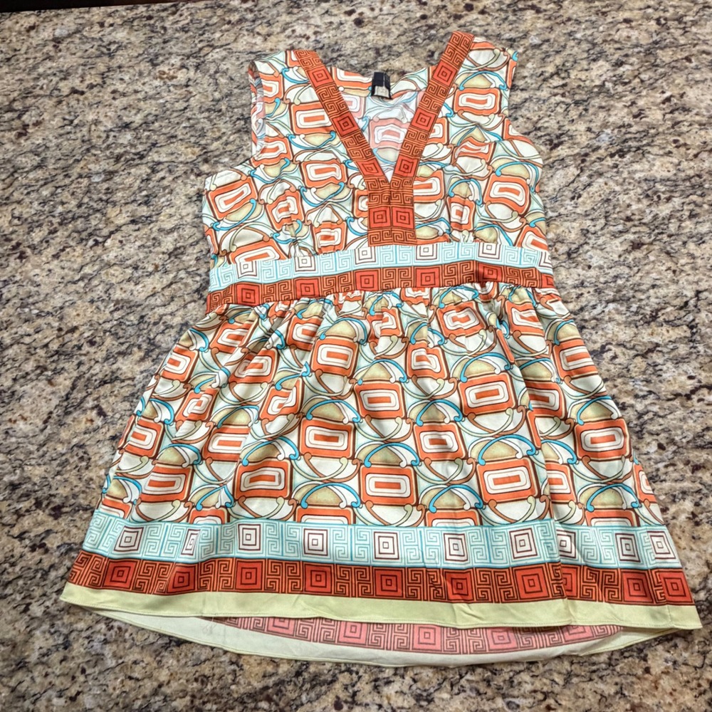 Nicole Miller Geometric Greek Key V-Neck Empire Waist Y2K Top Orange Size 12 v